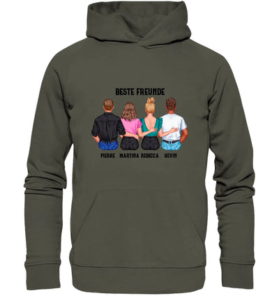 Olive grün kapuzenpullover mit rückendruck von vier freunden und ihren namen aus der statement collection personalisiert