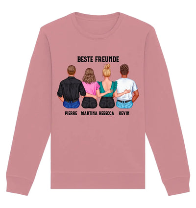 Rosa langarm sweatshirt aus weichem material mit bedrucktem vierpersonen design und individuellem text auf der rückseite
