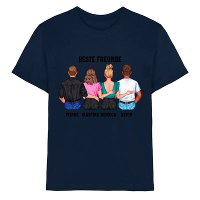 Navyblaue bio-baumwoll-t-shirt mit grafik von vier freunden von hinten und beste freunde text auf der rückseite