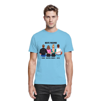 Hellblaues baumwollshirt mit personalisierter grafik von vier freunden beste freunde und ihren namen darunter