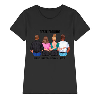 Schwarzes kurzarmshirt mit illustration von vier freunden von hinten und text beste freunde personalisierbar