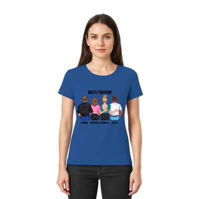 Blaues baumwoll t shirt mit buntem grafikdesign vier illustrierte freunde und ihre namen personalisierte figuren