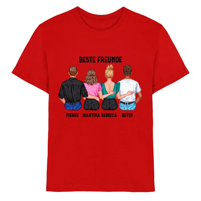 Rotes baumwoll t shirt mit grafik vier people von hinten beste freunde text und namenspersonalisierung rückseite