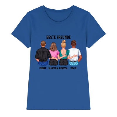 Blaues kurzarmshirt mit grafik von vier personen von hinten und beste freunde text aus der statement-collection