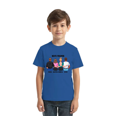 Blaues baumwoll t-shirt mit bunter grafik von vier freunden und ihren namen sowie beste freunde text oben