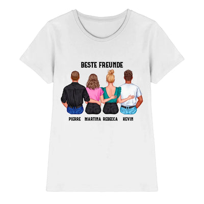 Weiße baumwoll-t-shirt rückseite mit bunter illustration von vier freunden beste freunde text und namen darunter