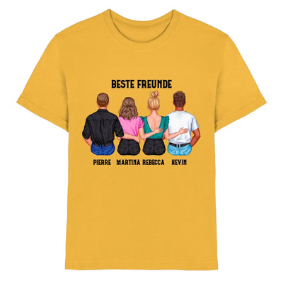 Gelbes kurzarmshirt mit grafik von vier personen von hinten und text beste freunde personalisierte figuren