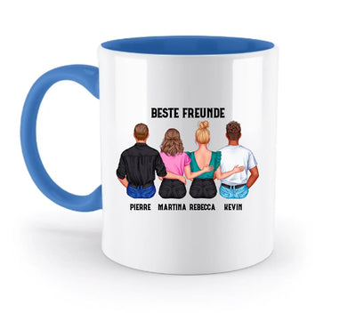 Weiße keramiktasse mit blauem griff und innenbereich, vorderseite mit personalisierter beste freunde illustration
