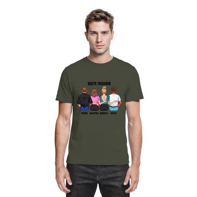 Olivegrünes kurzarmshirt mit personalisiertem grafikdesign von vier freunden von hinten und beste freunde schriftzug auf der rückseite