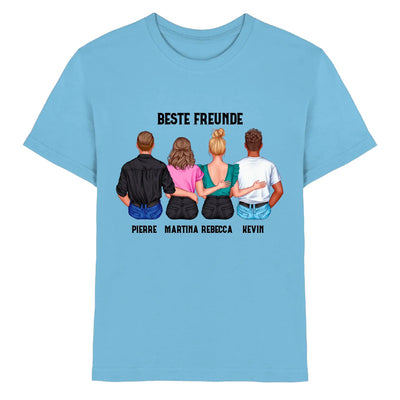 Hellblau Baumwoll-T-Shirt mit back mit Grafik von four friends und personalisiert names aus der statement-collection