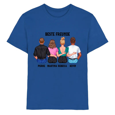 Blaues baumwoll t shirt mit grafik von vier freunden von hinten mit text beste freunde und personalisierten namen
