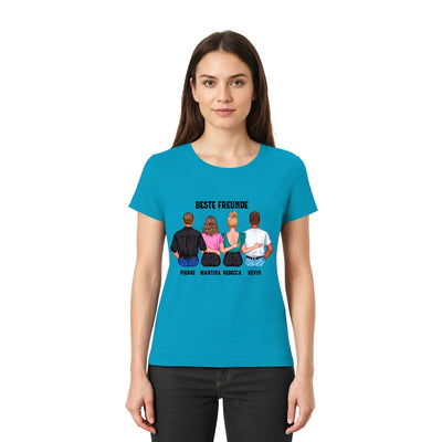 Tealfarbenes kurzes t-shirt mit vier personalisierten illustrationen von personen und ihren namen aus der statement-collection