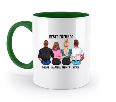 Weiße keramikmug mit grünem inneren und griff mit personalisierter illustration von vier freunden von hinten
