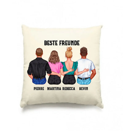 Creamfarbiges personalisiertes kissen mit gedruckter illustration von vier freunden von hinten mix paar designer