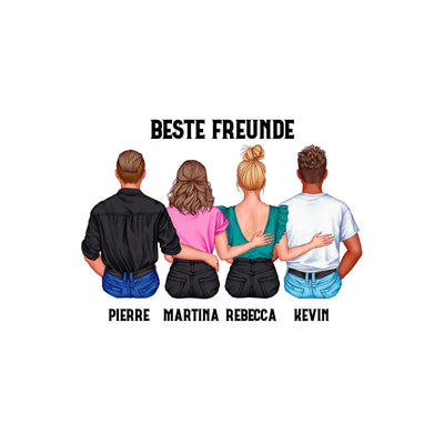 Custom illustrierte familienporträt rückansicht mit vier figuren und namen unter beste freunde mix paar-designer