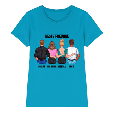 Türkisfarbenes kurzarmshirt mit personalisiertem graphic von vier freunden von hinten und text beste freunde