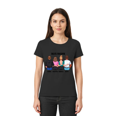 Black kurzarmshirt mit bunter grafik von vier personen von hinten beste freunde text und namen darunter