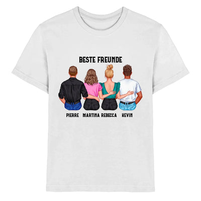 Weiße baumwoll t-shirt rueckseite mit bunter illustration von vier freunden und text beste freunde mit namen