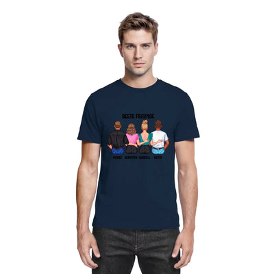 Navyblaues kurzarmshirt mit buntem grafikdruck von vier personen von hinten und beste freunde text auf der rückseite