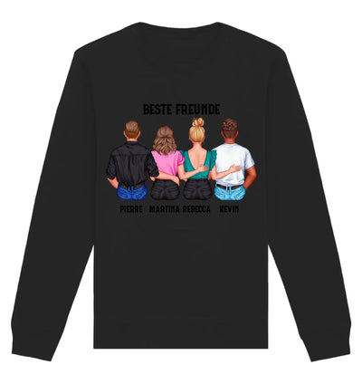 Black sweatshirt mit buntem grafikdruck von vier personen hinten beste freunde mit wunschtext personalisiert