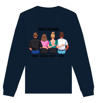Dunkelblaues langärmeliges sweatshirt mit persönlichem beste freunde rückendruck und namen der vier freunde