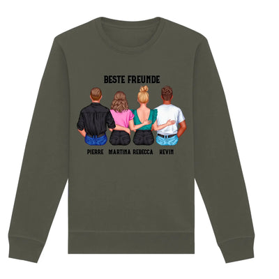 Olivegrüner longsleeve sweatshirt mit buntem grafikdruck von vier freunden von hinten namens und beste freunde text hinten