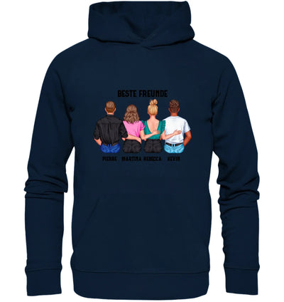Navyblauer kapuzenpullover mit personalisiertem rückseitendruck von vier freunden und dem text beste freunde