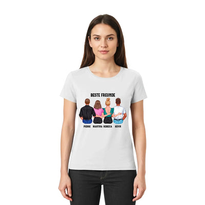 Hellgraues kurzarmshirt mit buntem grafikdruck von vier personen und ihren namen personalisierte figuren