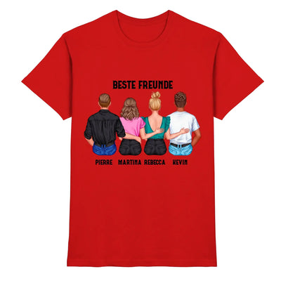 Rotes baumwoll t shirt hinten mit grafik von vier personen und text beste freunde plus individuelle namen