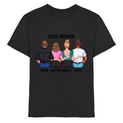 Schwarzes baumwoll t shirt mit bunter illustration vier freunde von hinten text beste freunde und namensdruck