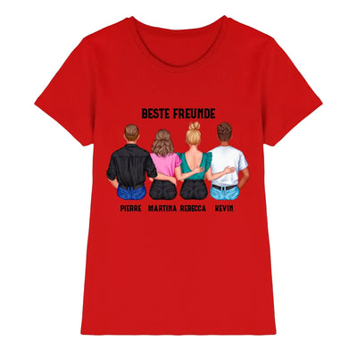 Rotes kurzarmshirt mit grafik von vier figuren von hinten beste freunde und namen personalisiert