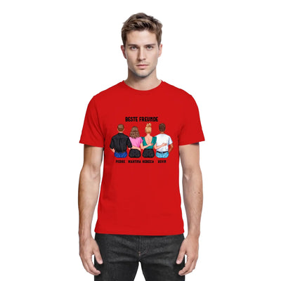 Rotes baumwollshirt mit vier individuellen freundegrafiken und text beste freunde personalisierte figur