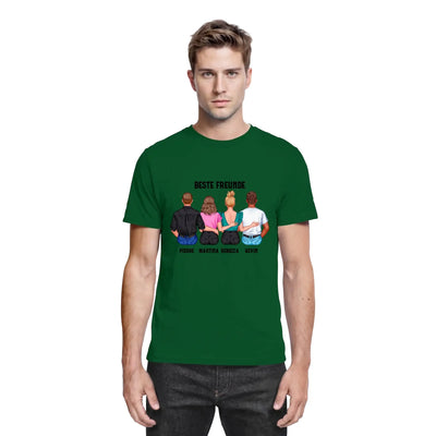 Dunkelgrünes baumwollshirt mit personalisierter grafik von vier freunden von hinten namens und beste freunde oben gedruckt