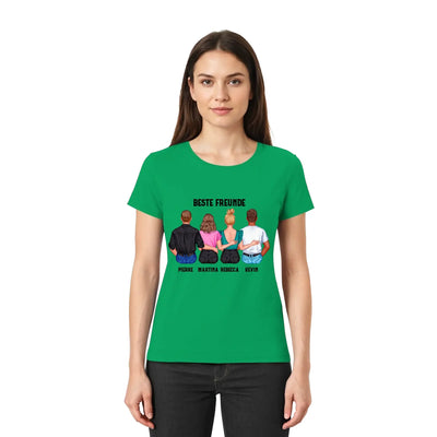 Grünes kurzarmshirt mit grafikdruck vier illustrierte figuren und text beste freunde personalisierbar