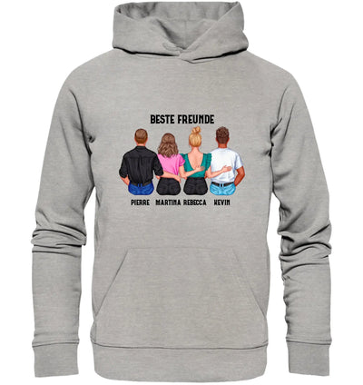 Grauer kapuzenpullover mit personalisiertem grafikdesign von vier freunden von hinten und texte beste freunde plus namen