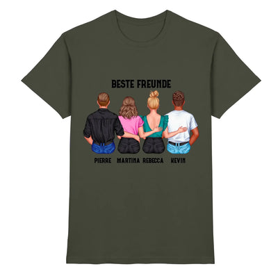 Olivgrünes baumwoll t shirt mit personalisiertem design von vier personen von hinten beste freunde schriftzug hinten