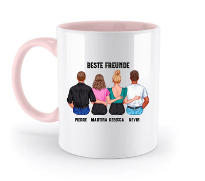 Weiße keramiktasse mit rosa griff und innenfarbe zeigt personalisierte illustration von vier freunden von hinten beste freunde