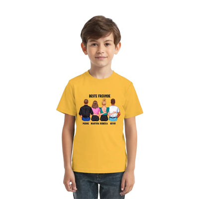 Gelbes kurzarmshirt mit grafik von vier personen von hinten und ihren namen personalisierte mix paar designer figuren