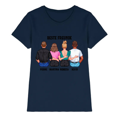 Marine blaues kurzarmshirt mit grafikdruck von vier personen von hinten beste freunde und namen personalisiert