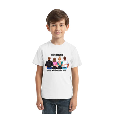Weißer baumwoll-t-shirt hinten mit buntem grafikdruck von vier freunden und namen aus der mix paar-designer kollektion
