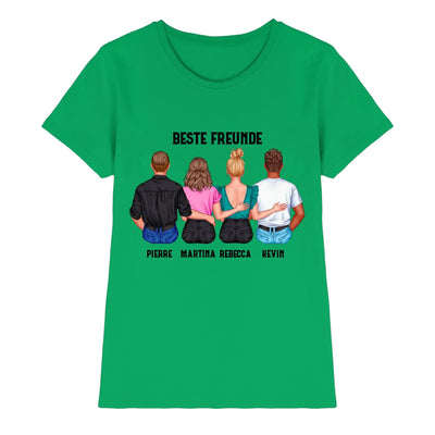 Grünes kurzarmshirt mit grafik von vier personen von hinten und text beste freunde unter den namen auf der rückseite