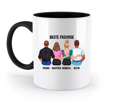 Weiße keramiktasse mit schwarzem griff und innenseite zeigt die rückseite personalisierter beste freunde illustration