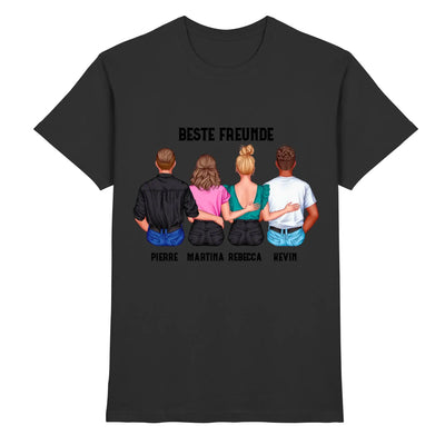 Schwarzes baumwoll t shirt mit bunter illustration von vier personen von hinten text beste freunde und namen unten