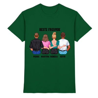 Dunkelgrünes baumwoll t-shirt mit grafik von vier personen von hinten beste freunde text und namen darunter