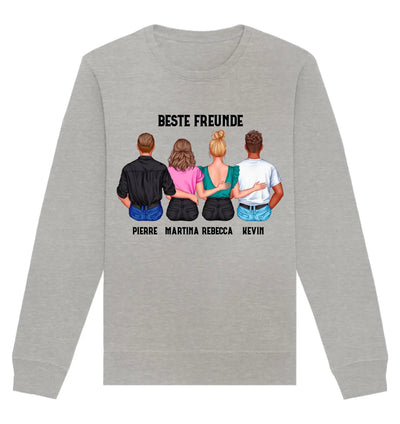 Heather grauer sweatshirt mit langarm und buntem grafikdesign von vier personen von hinten mit texte beste freunde und namen