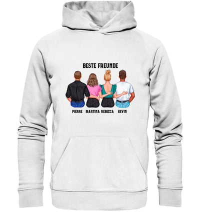 Weißer hoodie mit grafik von vier personen von hinten beste freunde text und individuellen namen personalisierte figuren