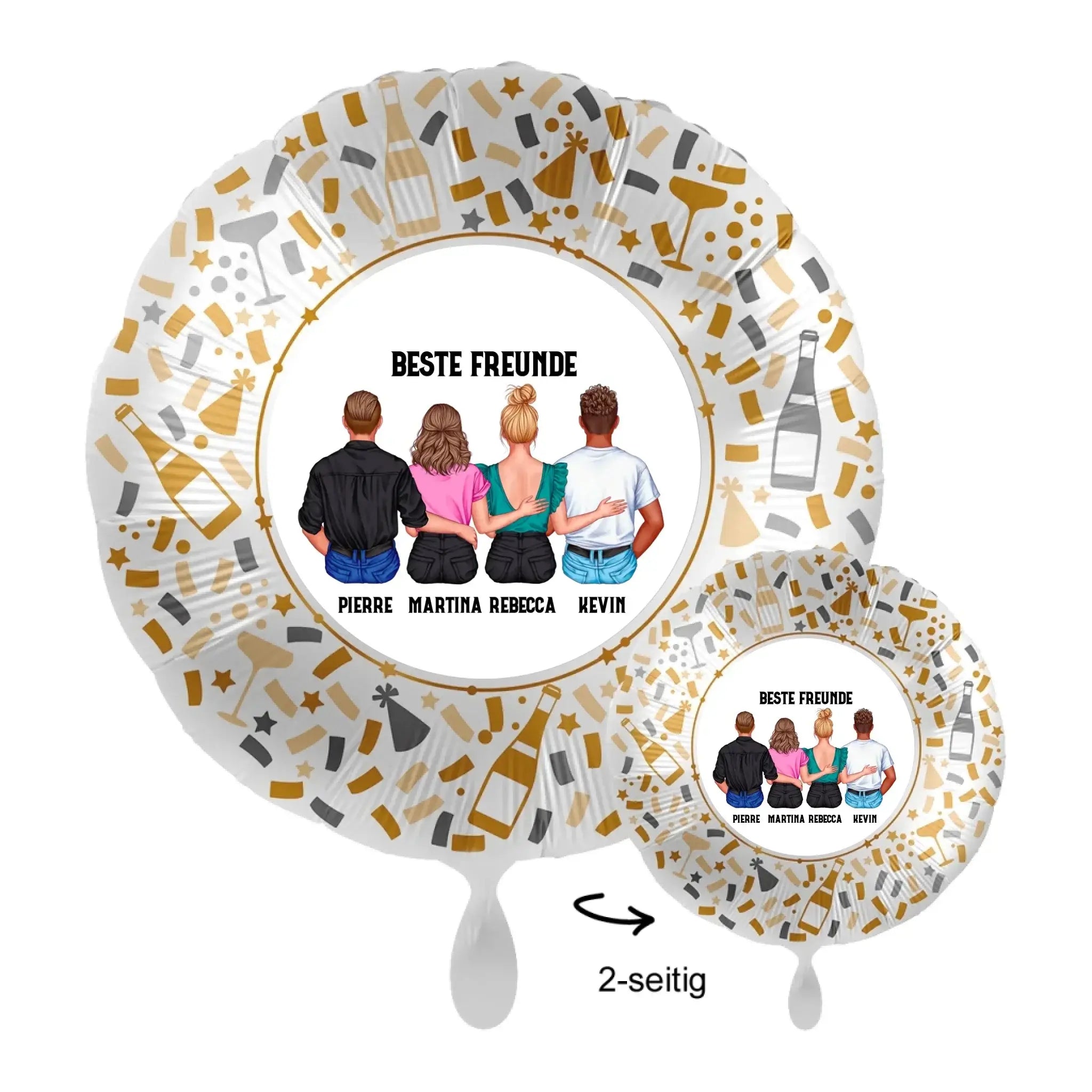 Personalisierbarer weißer und gold foil luftballon 43cm mit vier freunden und namen umgeben von champagnerflaschen und konfetti