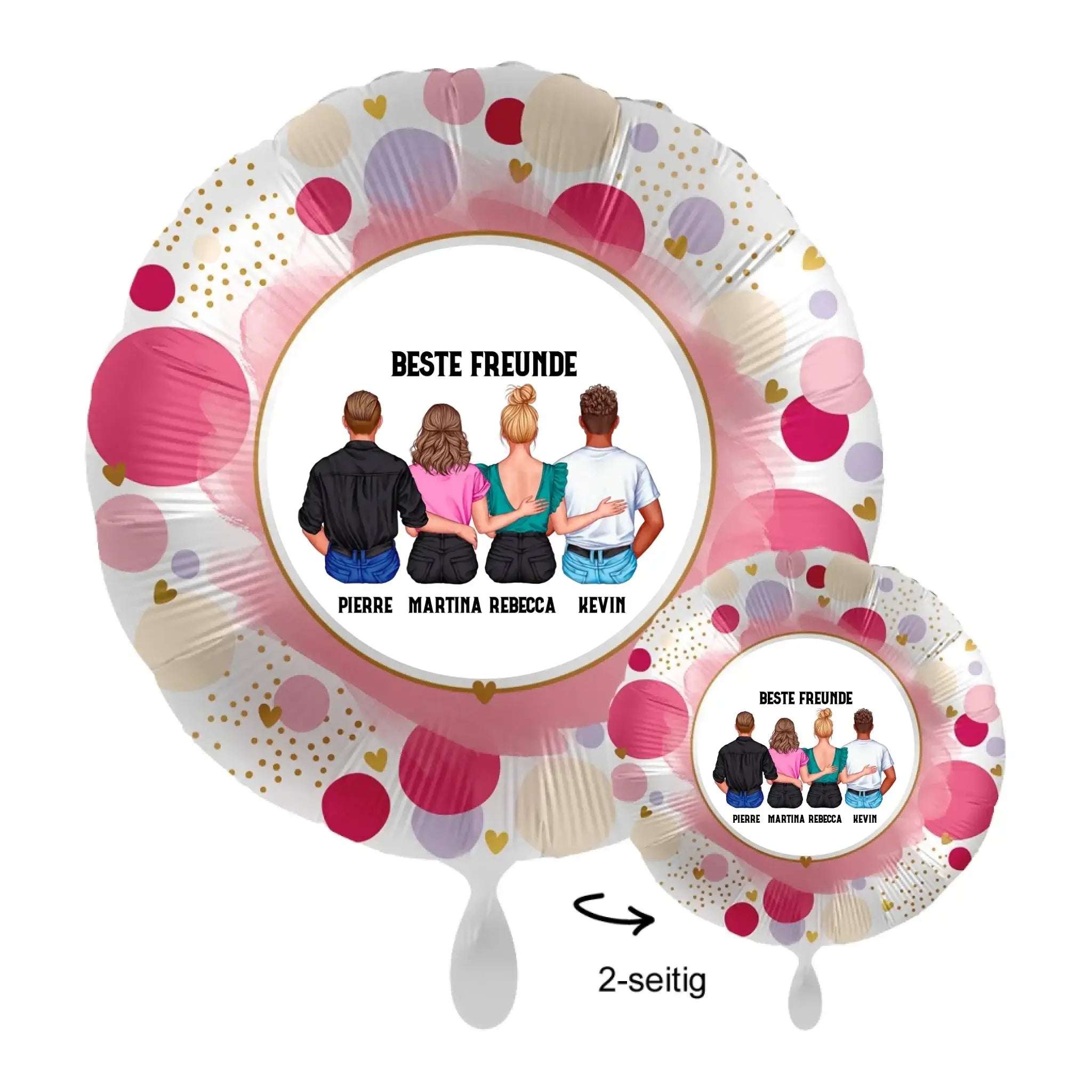 Pink und gold gepunkteter folienluftballon mit personalisierter illustration von vier freunden mix paar-designer 43cm