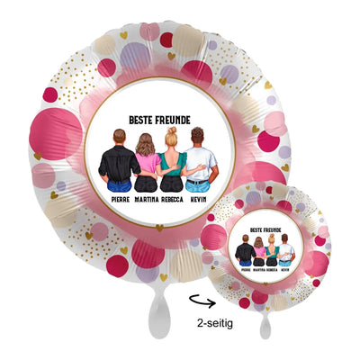 Pink und gold gepunkteter folienluftballon mit personalisierter illustration von vier freunden mix paar-designer 43cm