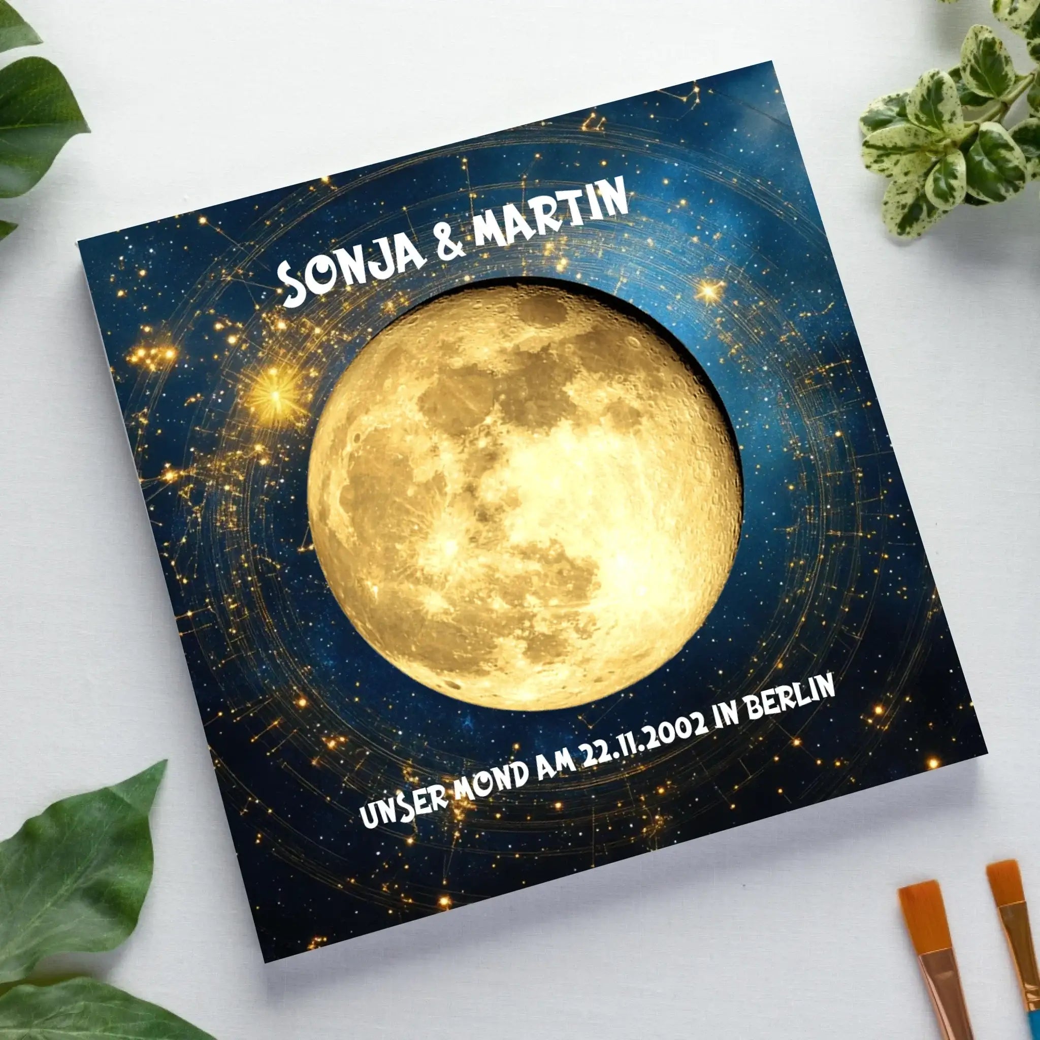 MONDPHASE Blau/Silber/Gold mit Wunschtext • Leinwand 50x50 cm • personalisierbar